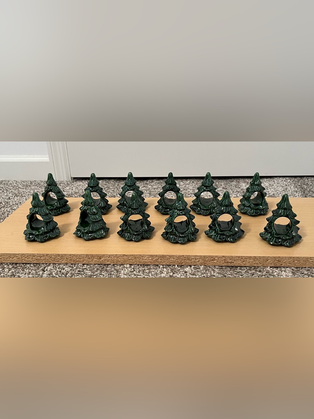 12 Ceramic Christmas Tree napkin rings- Green Holiday Set.